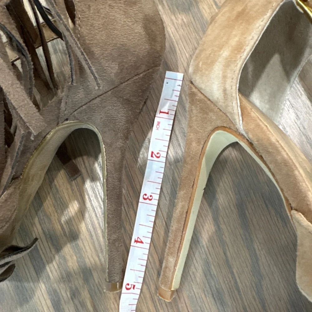 Ladies size 8.5 fringe open toe heels. 2 pair - taupe and beige